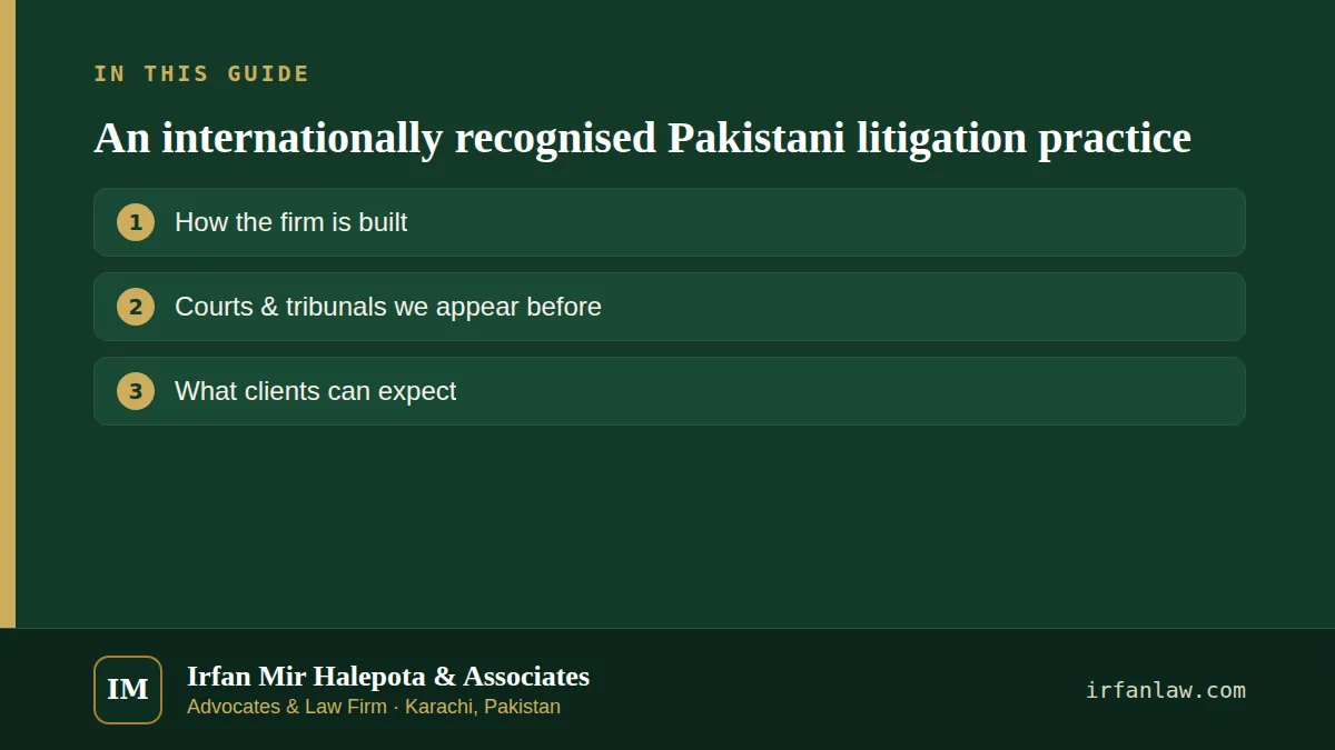 An internationally recognised Pakistani litigation practice: what this page covers — How the firm is built; Courts & tribunals we appear before; What clients can expect