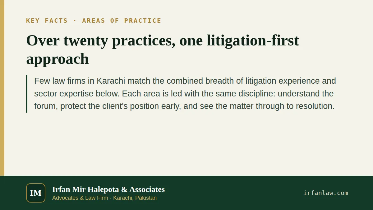 Key facts on Over twenty practices, one litigation-first approach: Few law firms in Karachi match the combined breadth of litigation experience and sector expertise below.