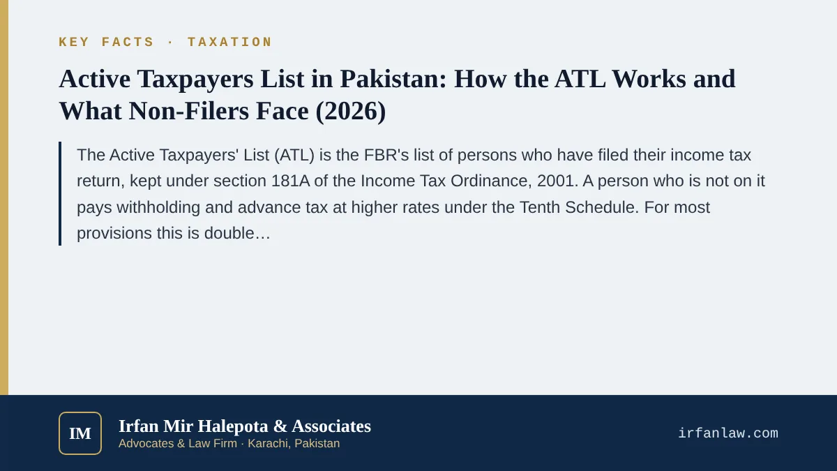 Key facts on Active Taxpayers List (ATL) Pakistan: Non-Filer Consequences: The Active Taxpayers' List (ATL) is the FBR's list of persons who have filed their income tax return, kept under section 181A of the Income Tax O