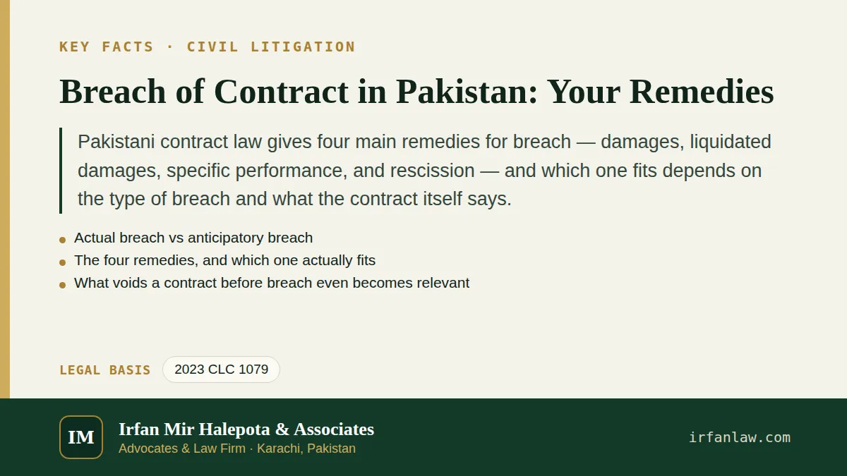 Key facts on Breach of Contract in Pakistan: Your Remedies: Pakistani contract law gives four main remedies for breach — damages, liquidated damages, specific performance, and rescission — and which…