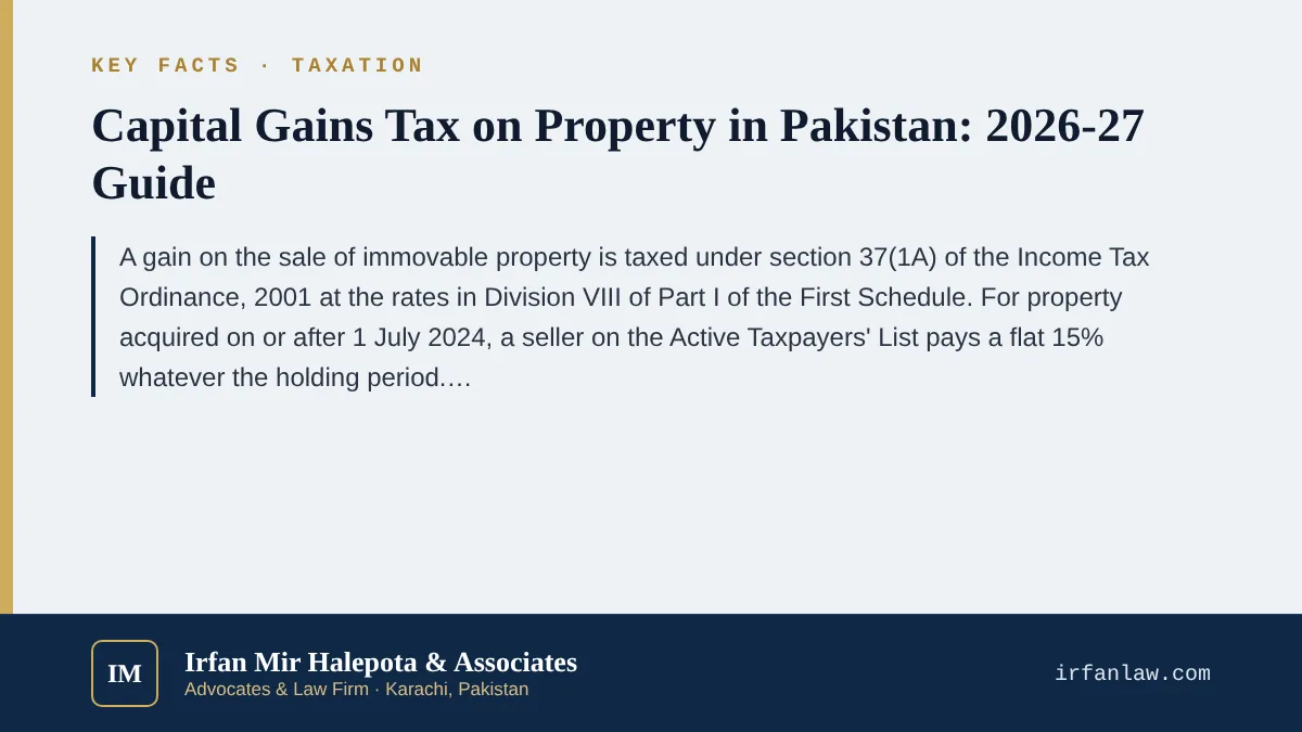 Key facts on Capital Gains Tax on Property in Pakistan: 2026-27 Guide: A gain on the sale of immovable property is taxed under section 37(1A) of the Income Tax Ordinance, 2001 at the rates in Division VIII of Part I of t
