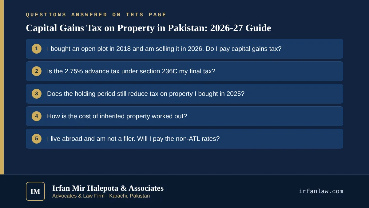 Capital Gains Tax on Property in Pakistan: 2026-27 Guide: 6 questions answered, including “I bought an open plot in 2018 and am selling it in 2026. Do I pay capital gains tax?”