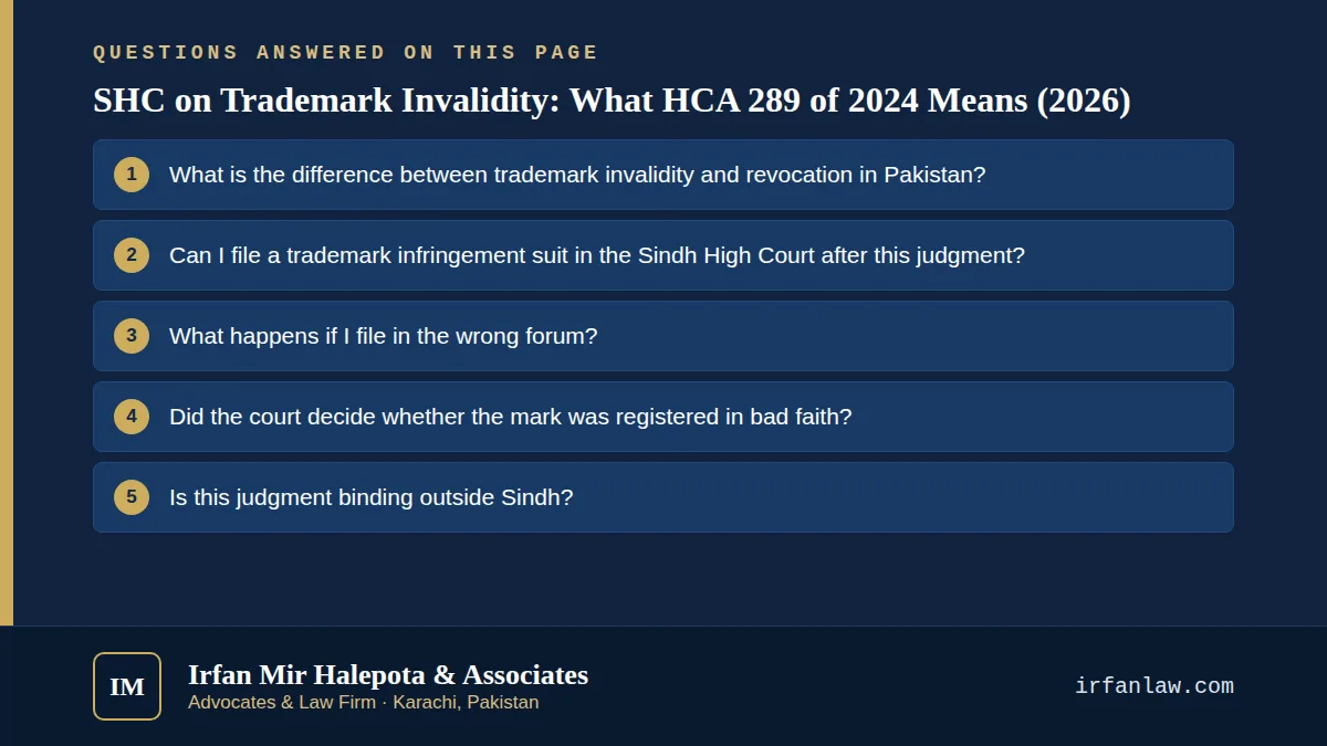 SHC on Trademark Invalidity: What HCA 289 of 2024 Means (2026): 6 questions answered, including “What is the difference between trademark invalidity and revocation in Pakistan?”
