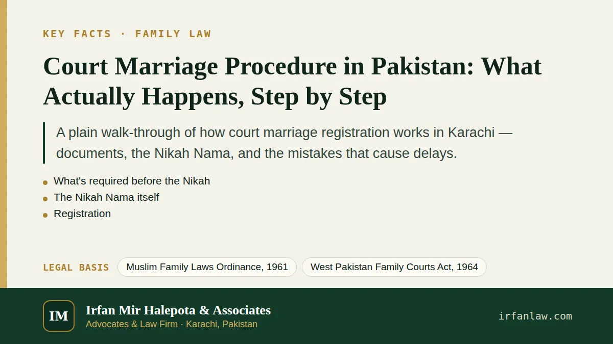 Key facts on Court Marriage Procedure in Pakistan: What Actually Happens, Step by Step: A plain walk-through of how court marriage registration works in Karachi — documents, the Nikah Nama, and the…