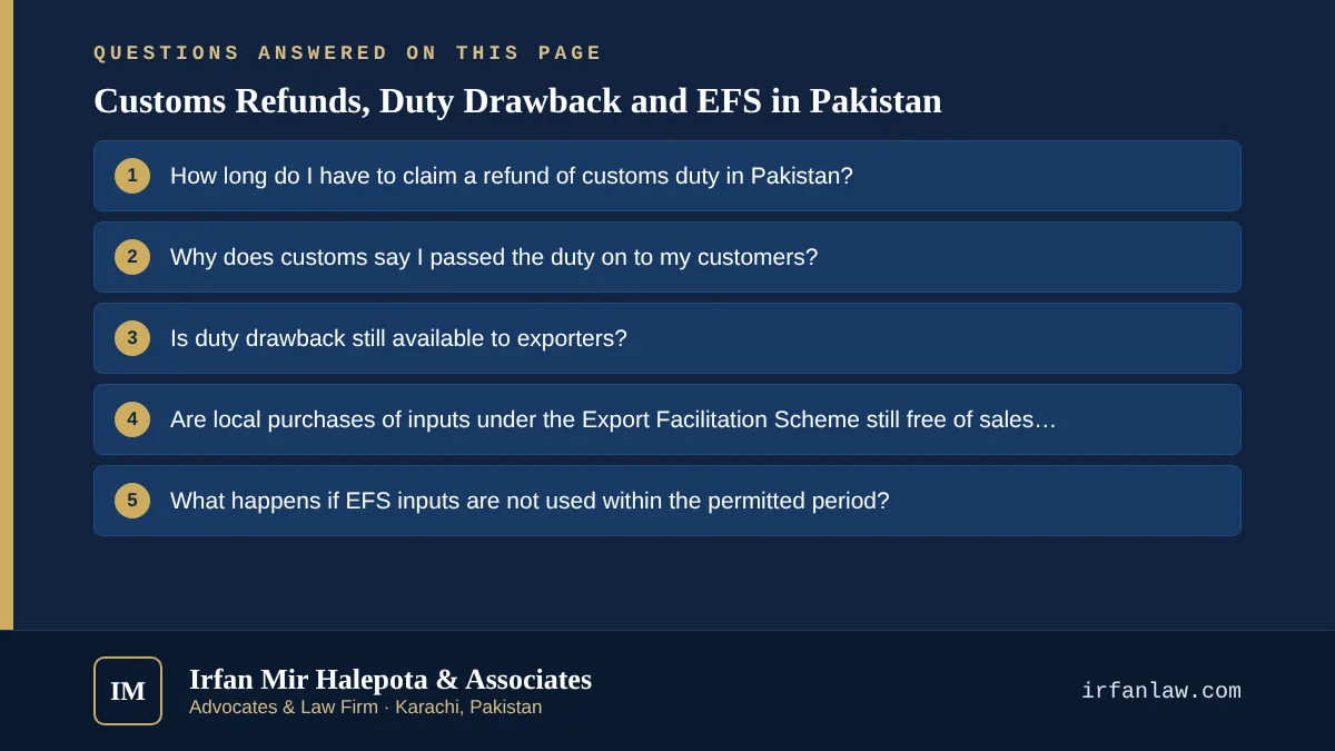 Customs Refunds, Duty Drawback and EFS in Pakistan: 6 questions answered, including “How long do I have to claim a refund of customs duty in Pakistan?”
