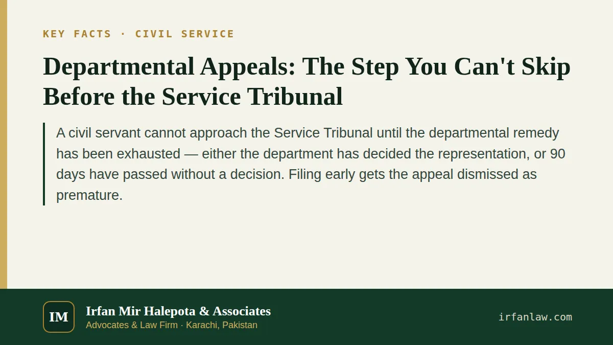 Key facts on Departmental Appeals: The Step You Can't Skip Before the Service Tribunal: A civil servant cannot approach the Service Tribunal until the departmental remedy has been exhausted — either…
