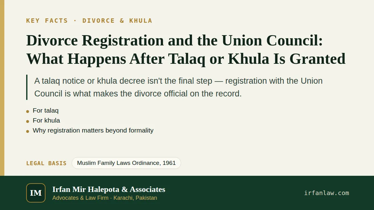 Key facts on Divorce Registration and the Union Council: What Happens After Talaq or Khula Is Granted: A talaq notice or khula decree isn't the final step — registration with the Union Council is…