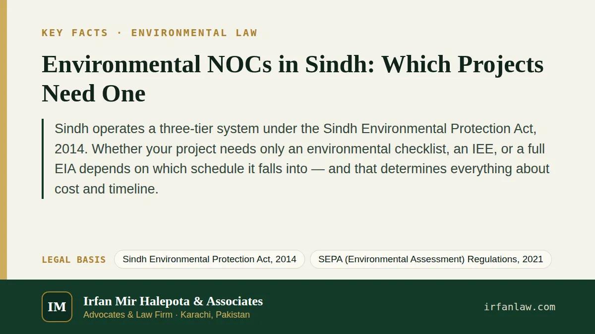 Key facts on Environmental NOCs in Sindh: Which Projects Need One: Sindh operates a three-tier system under the Sindh Environmental Protection Act, 2014.