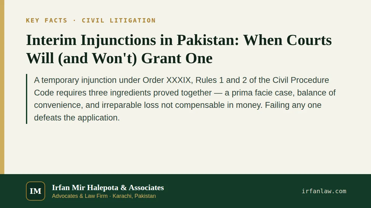 Key facts on Interim Injunctions in Pakistan: When Courts Will (and Won't) Grant One: A temporary injunction under Order XXXIX, Rules 1 and 2 of the Civil Procedure Code requires three ingredients…