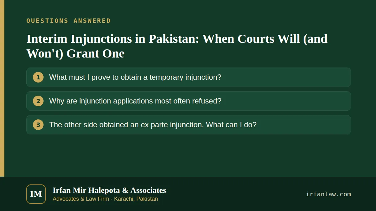 Interim Injunctions in Pakistan: When Courts Will (and Won't) Grant One: questions answered on this page — What must I prove to obtain a temporary injunction?; Why are injunction applications most often refused?; The…