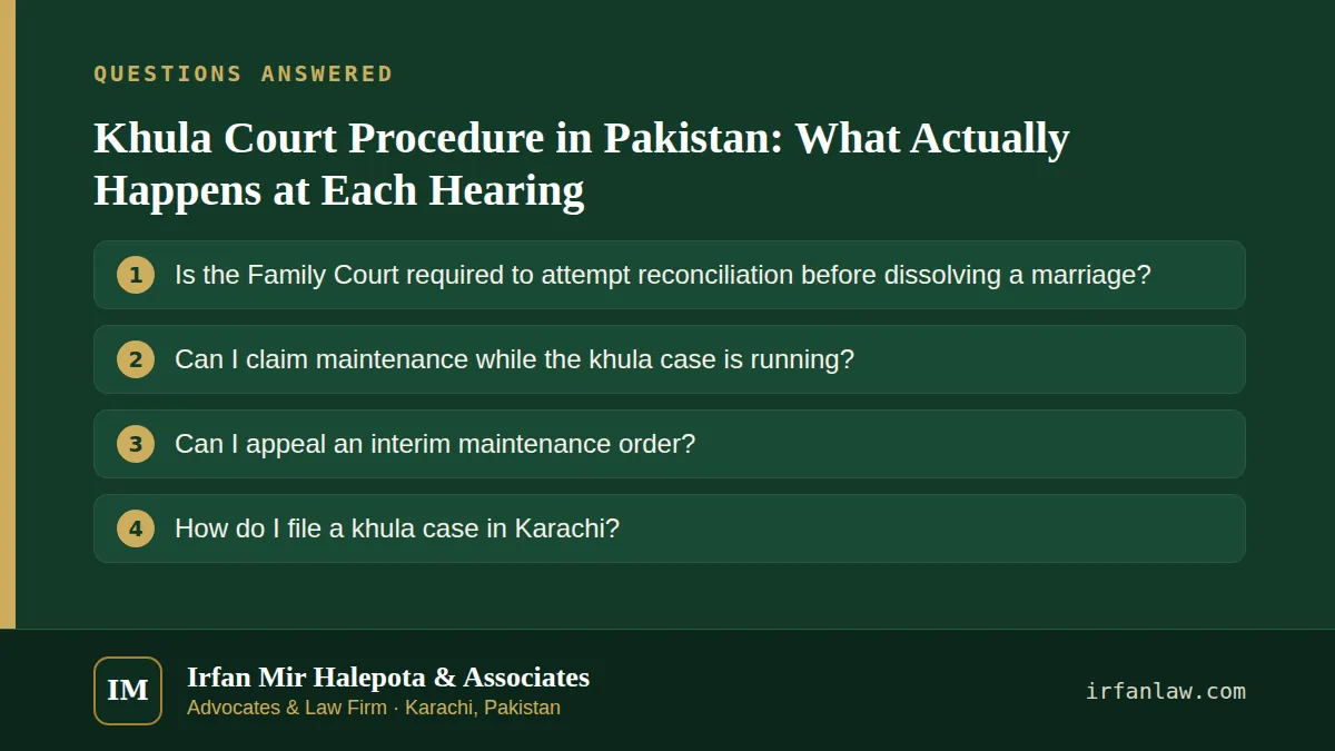 Khula Court Procedure in Pakistan: What Actually Happens at Each Hearing: questions answered on this page — Is the Family Court required to attempt reconciliation before dissolving a marriage?; Can I claim maintenance…