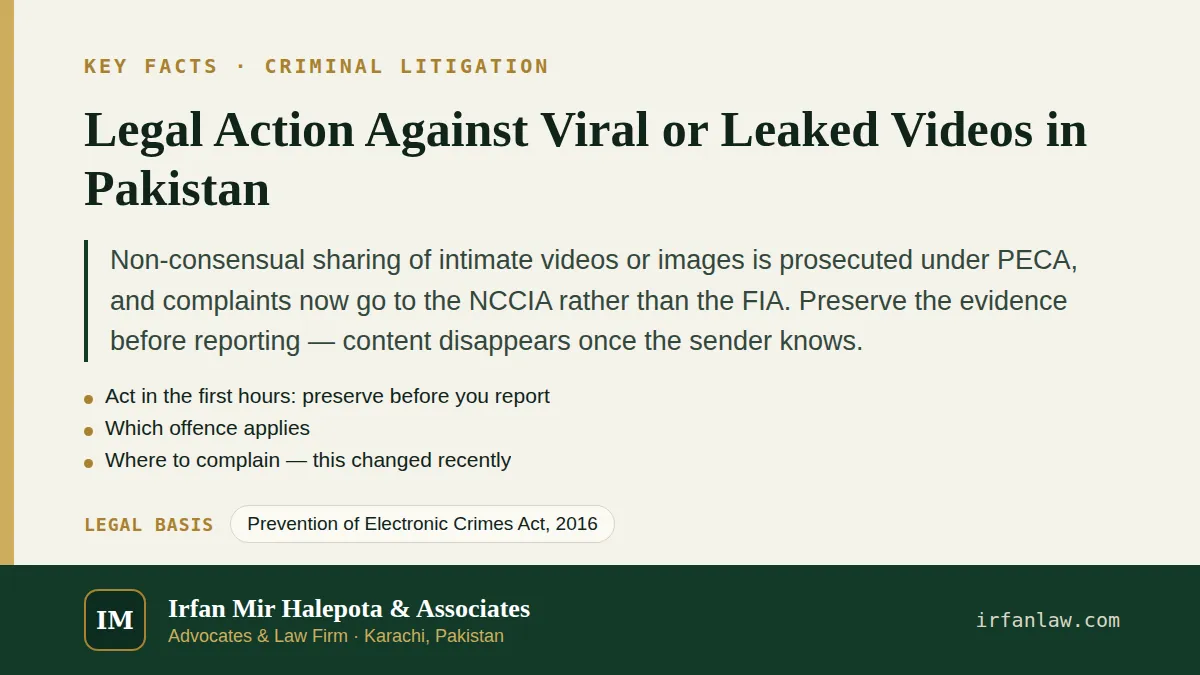 Legal Action Against Viral or Leaked Videos in Pakistan: key facts in brief, citing Prevention of Electronic Crimes Act, 2016