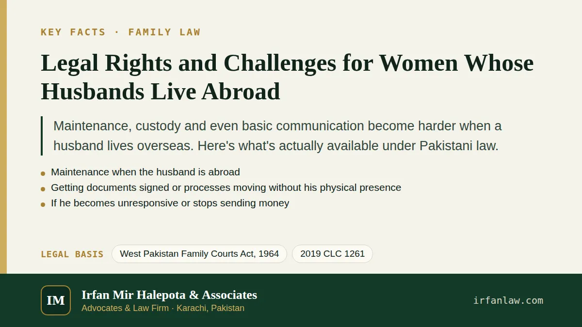 Key facts on Legal Rights and Challenges for Women Whose Husbands Live Abroad: Maintenance, custody and even basic communication become harder when a husband lives overseas.