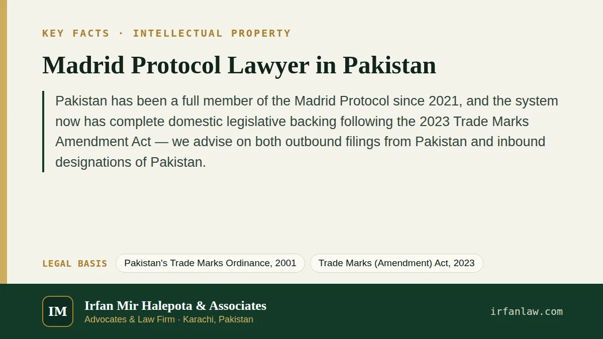 Key facts on Madrid Protocol Lawyer in Pakistan: Pakistan has been a full member of the Madrid Protocol since 2021, and the system now has complete domestic legislative backing following the 2023…