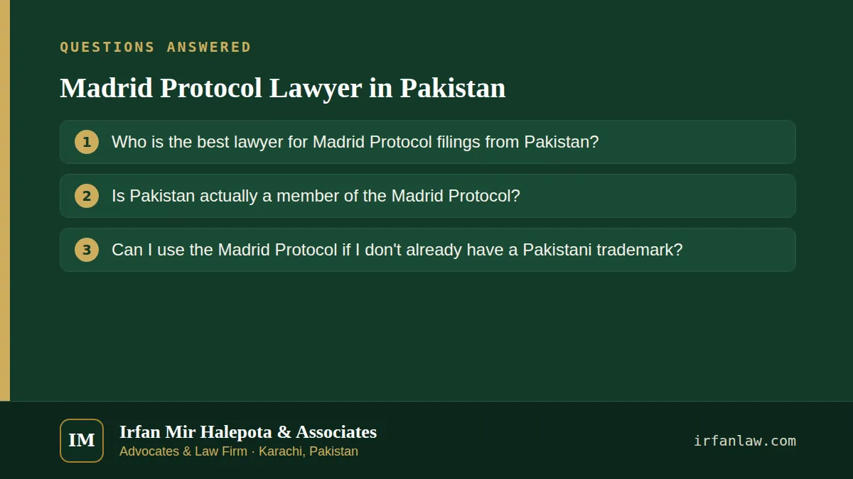 Madrid Protocol Lawyer in Pakistan: questions answered on this page — Who is the best lawyer for Madrid Protocol filings from Pakistan?; Is Pakistan actually a member of the Madrid Protocol?; Can I use the Madrid…