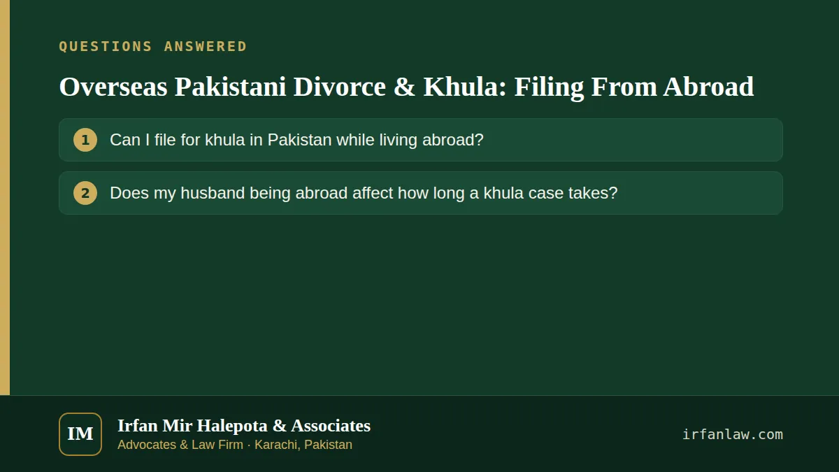 Overseas Pakistani Divorce & Khula: Filing From Abroad: questions answered on this page — Can I file for khula in Pakistan while living abroad?; Does my husband being abroad affect how long a khula case takes?