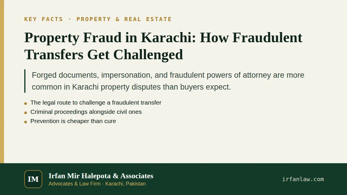 Key facts on Property Fraud in Karachi: How Fraudulent Transfers Get Challenged: Forged documents, impersonation, and fraudulent powers of attorney are more common in Karachi property disputes than…