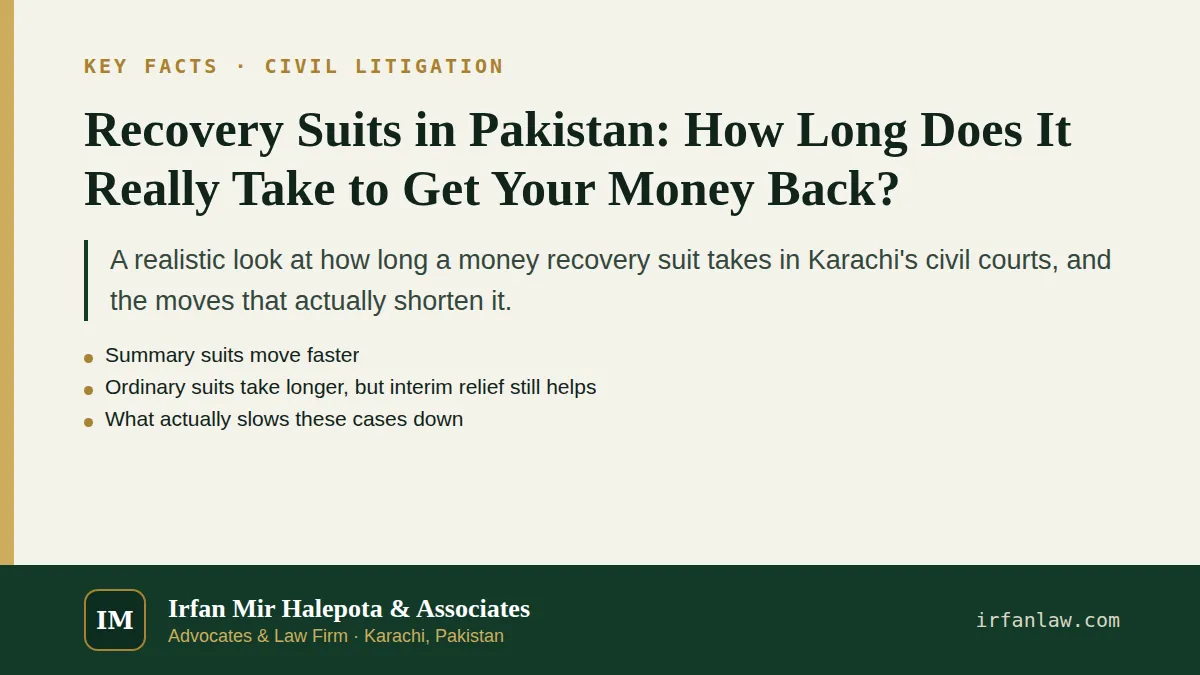 Key facts on Recovery Suits in Pakistan: How Long Does It Really Take to Get Your Money Back?: A realistic look at how long a money recovery suit takes in Karachi's civil courts, and the moves that…