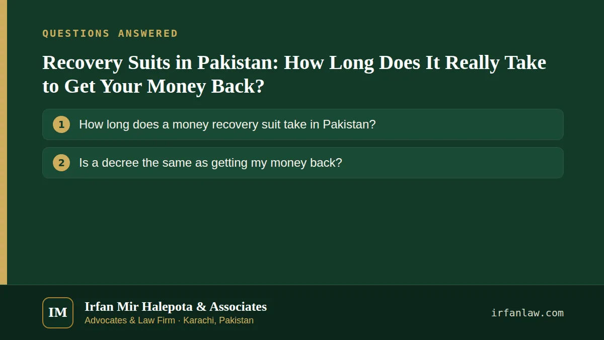 Recovery Suits in Pakistan: How Long Does It Really Take to Get Your Money Back?: questions answered on this page — How long does a money recovery suit take in Pakistan?; Is a decree the same as getting my money back?