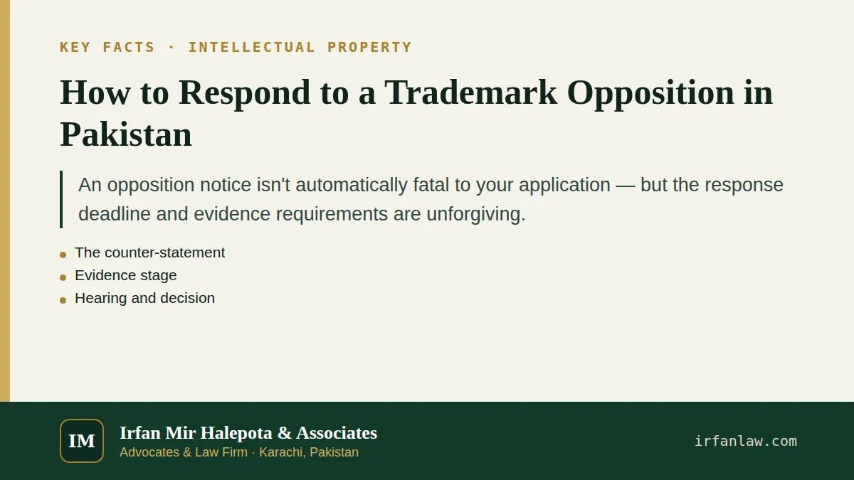 Key facts on How to Respond to a Trademark Opposition in Pakistan: An opposition notice isn't automatically fatal to your application — but the response deadline and evidence requirements are…