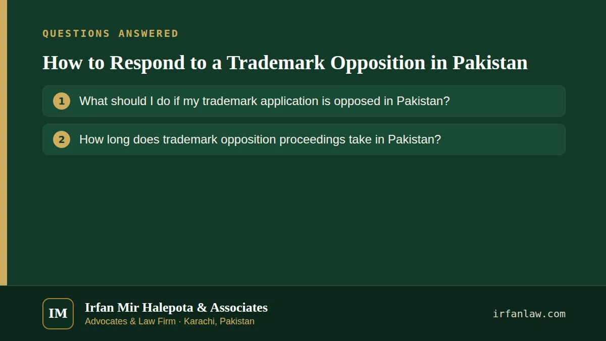 How to Respond to a Trademark Opposition in Pakistan: questions answered on this page — What should I do if my trademark application is opposed in Pakistan?; How long does trademark opposition proceedings take in…