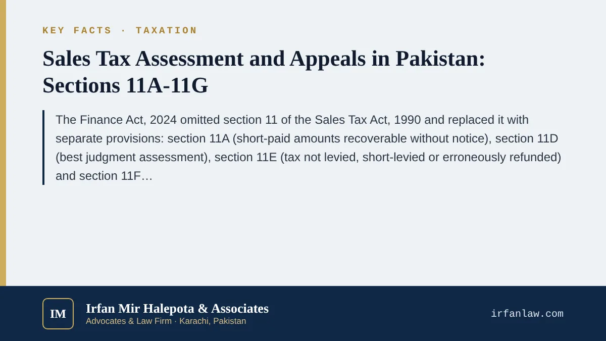 Key facts on Sales Tax Assessment and Appeals in Pakistan: Sections 11A-11G: The Finance Act, 2024 omitted section 11 of the Sales Tax Act, 1990 and replaced it with separate provisions: section 11A (short-paid amounts r