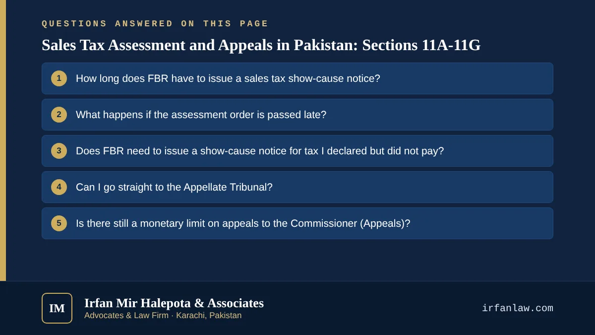 Sales Tax Assessment and Appeals in Pakistan: Sections 11A-11G: 6 questions answered, including “How long does FBR have to issue a sales tax show-cause notice?”