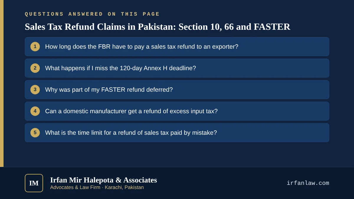 Sales Tax Refund Claims in Pakistan: Section 10, 66 and FASTER: 6 questions answered, including “How long does the FBR have to pay a sales tax refund to an exporter?”