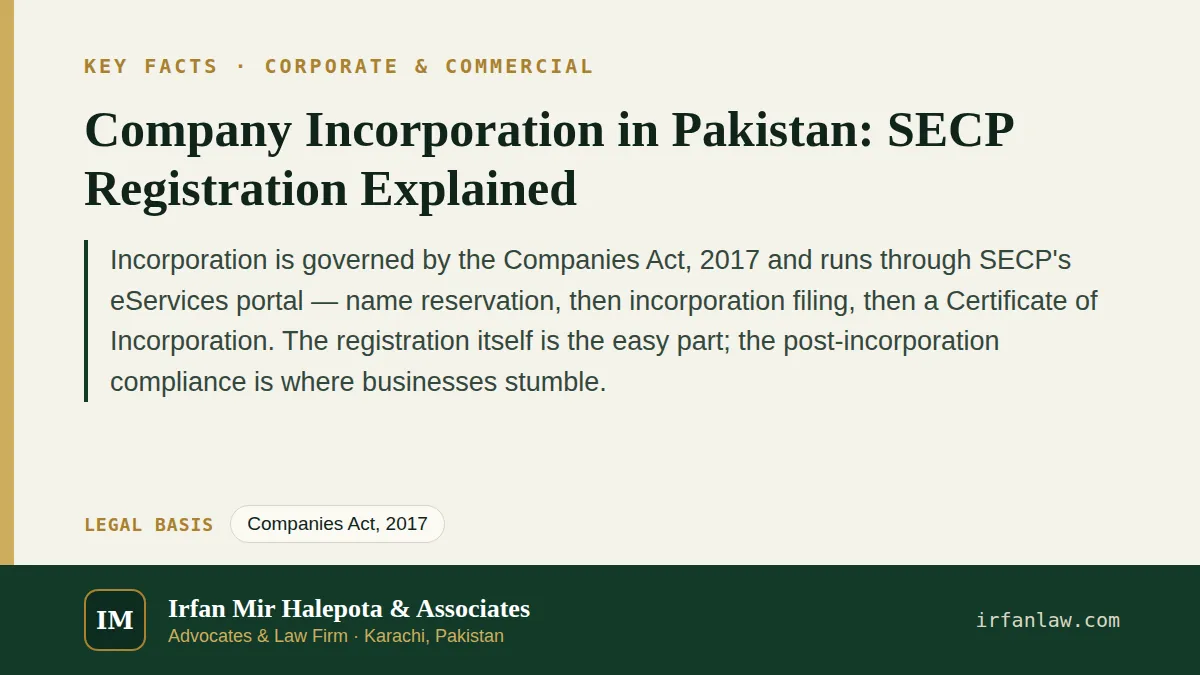 Key facts on Company Incorporation in Pakistan: SECP Registration Explained: Incorporation is governed by the Companies Act, 2017 and runs through SECP's eServices portal — name reservation, then…