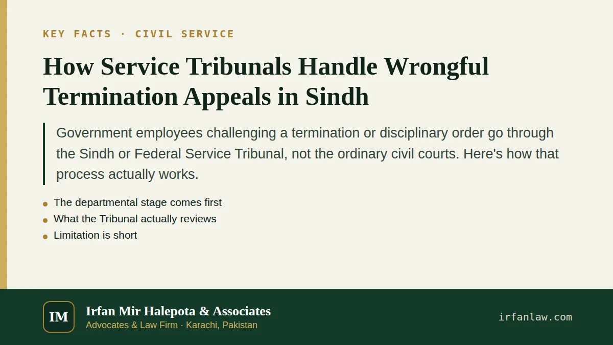 Key facts on How Service Tribunals Handle Wrongful Termination Appeals in Sindh: Government employees challenging a termination or disciplinary order go through the Sindh or Federal Service Tribunal…
