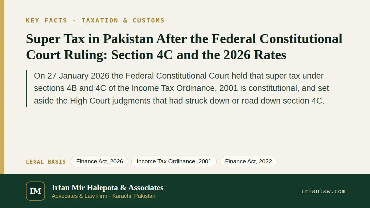 Super Tax in Pakistan After the Federal Constitutional Court Ruling: key facts in brief, citing Finance Act, 2026