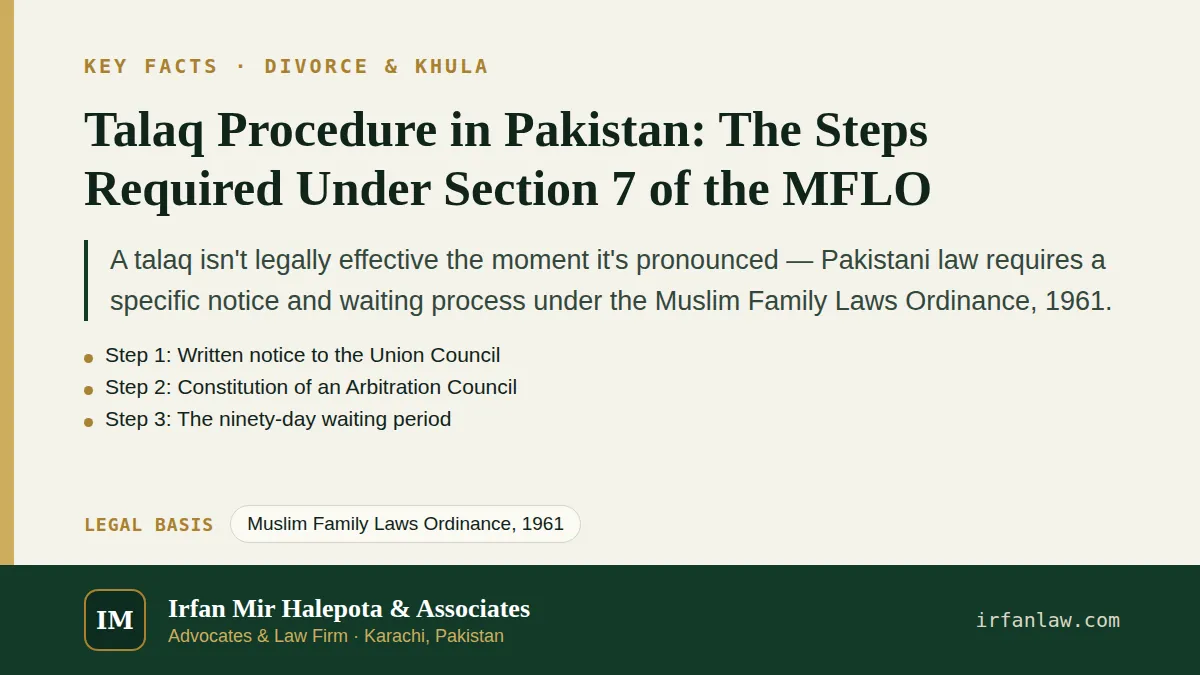 Key facts on Talaq Procedure in Pakistan: The Steps Required Under Section 7 of the MFLO: A talaq isn't legally effective the moment it's pronounced — Pakistani law requires a specific notice and…