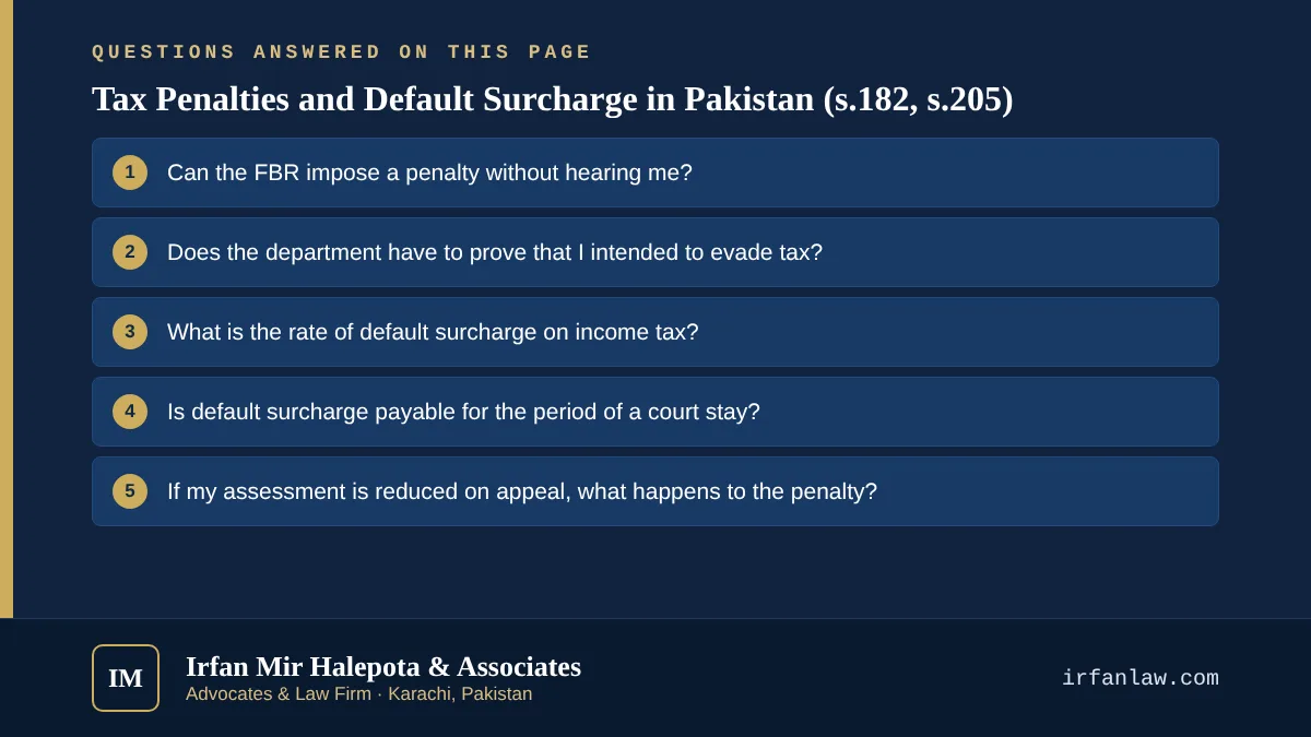 Tax Penalties and Default Surcharge in Pakistan (s.182, s.205): 6 questions answered, including “Can the FBR impose a penalty without hearing me?”