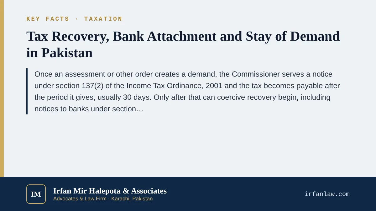 Key facts on Tax Recovery, Bank Attachment and Stay of Demand in Pakistan: Once an assessment or other order creates a demand, the Commissioner serves a notice under section 137(2) of the Income Tax Ordinance, 2001 and t