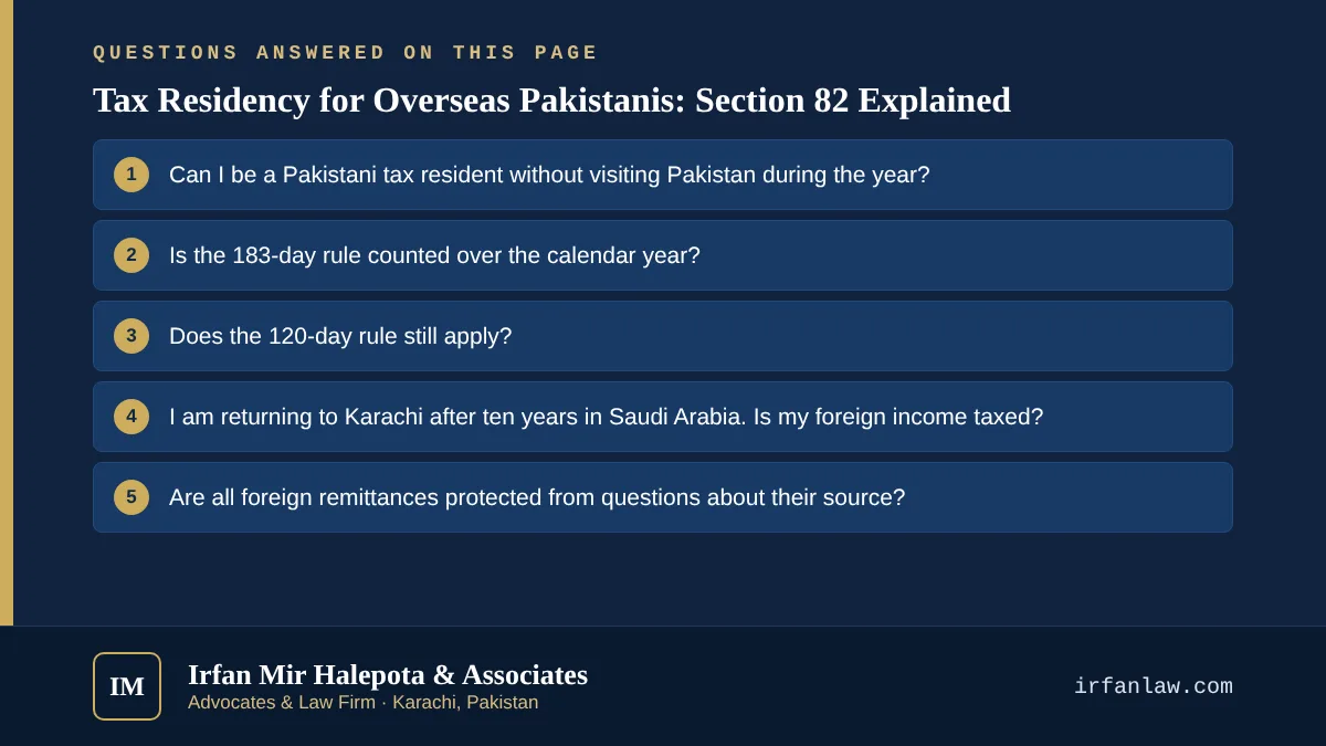 Tax Residency for Overseas Pakistanis: Section 82 Explained: 6 questions answered, including “Can I be a Pakistani tax resident without visiting Pakistan during the year?”