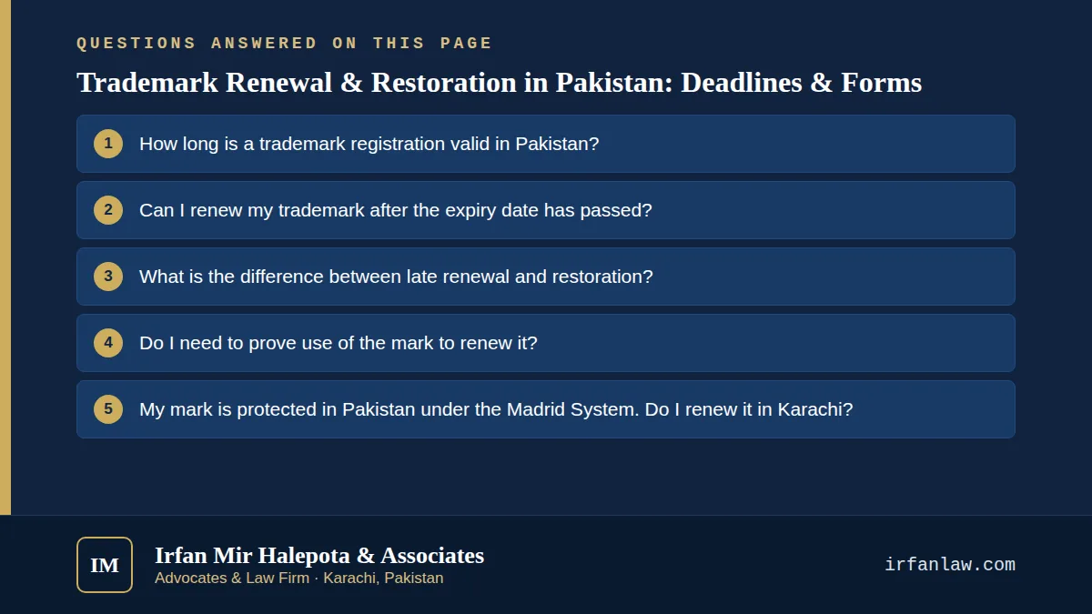 Trademark Renewal & Restoration in Pakistan: Deadlines & Forms: 6 questions answered, including “How long is a trademark registration valid in Pakistan?”