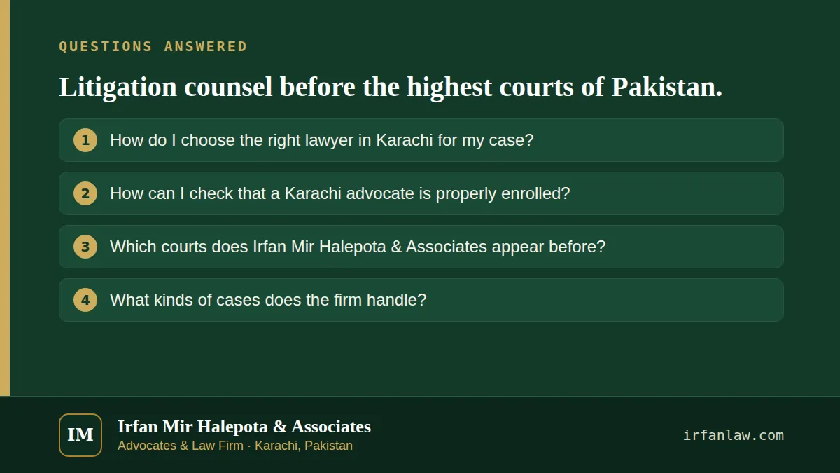 Litigation counsel before the highest courts of Pakistan.: questions answered on this page — How do I choose the right lawyer in Karachi for my case?; How can I check that a Karachi advocate is properly enrolled?; Which…