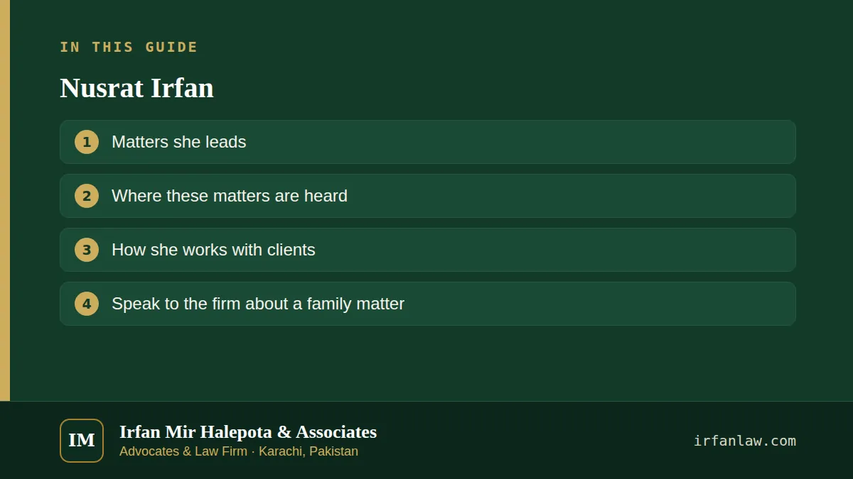 Nusrat Irfan: what this page covers — Matters she leads; Where these matters are heard; How she works with clients