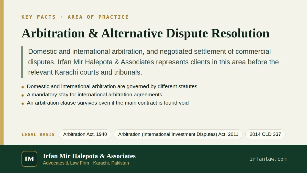 Key facts on Arbitration & Alternative Dispute Resolution: Domestic and international arbitration, and negotiated settlement of commercial disputes.