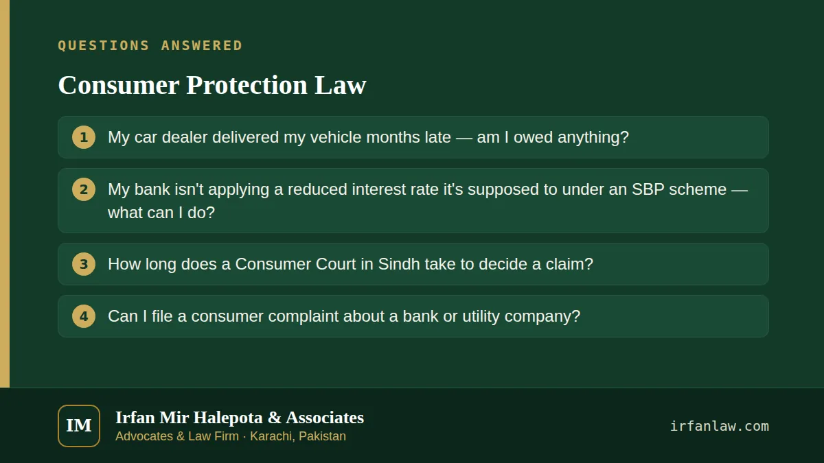 Consumer Protection Law: questions answered on this page — My car dealer delivered my vehicle months late — am I owed anything?; My bank isn't applying a reduced interest rate it's supposed to under an SBP scheme — what…