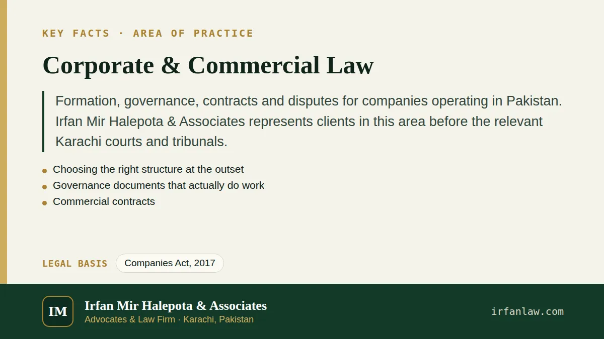 Key facts on Corporate & Commercial Law: Formation, governance, contracts and disputes for companies operating in Pakistan.
