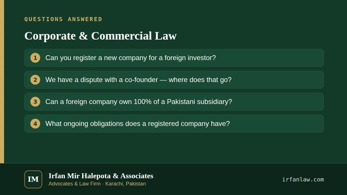 Corporate & Commercial Law: questions answered on this page — Can you register a new company for a foreign investor?; We have a dispute with a co-founder — where does that go?; Can a foreign company own 100% of a…