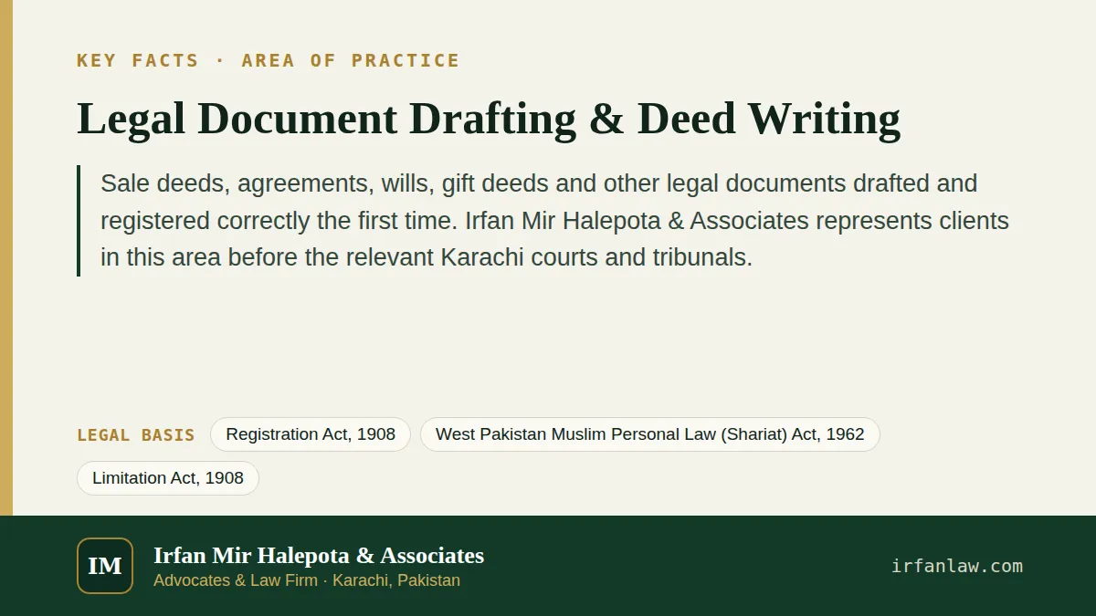 Key facts on Legal Document Drafting & Deed Writing: Sale deeds, agreements, wills, gift deeds and other legal documents drafted and registered correctly the first time.
