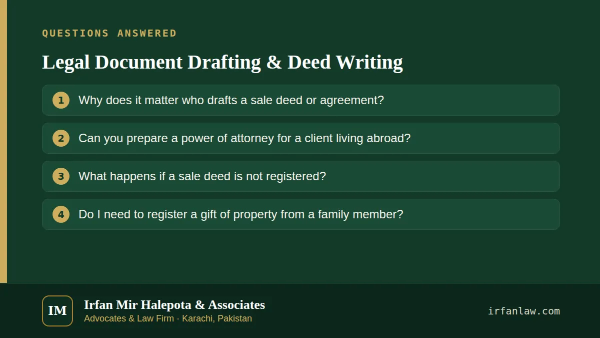 Legal Document Drafting & Deed Writing: questions answered on this page — Why does it matter who drafts a sale deed or agreement?; Can you prepare a power of attorney for a client living abroad?; What happens if a sale…