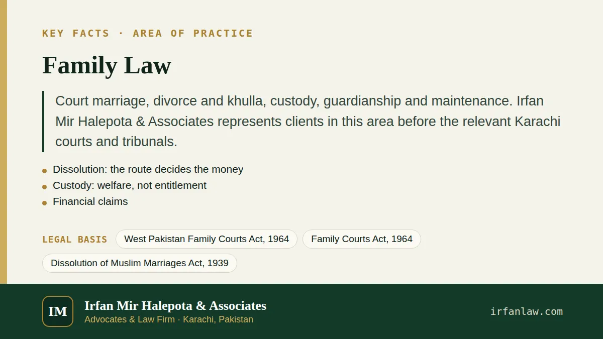 Key facts on Family Law: Court marriage, divorce and khulla, custody, guardianship and maintenance.
