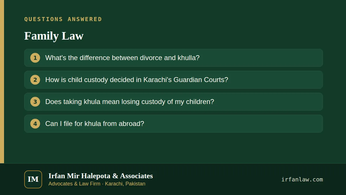 Family Law: questions answered on this page — What's the difference between divorce and khulla?; How is child custody decided in Karachi's Guardian Courts?; Does taking khula mean losing custody of my children?