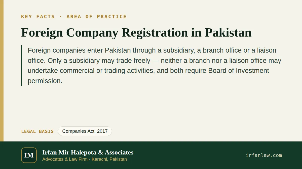 Key facts on Foreign Company Registration in Pakistan: Foreign companies enter Pakistan through a subsidiary, a branch office or a liaison office.