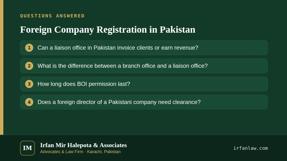 Foreign Company Registration in Pakistan: questions answered on this page — Can a liaison office in Pakistan invoice clients or earn revenue?; What is the difference between a branch office and a liaison office?; How…