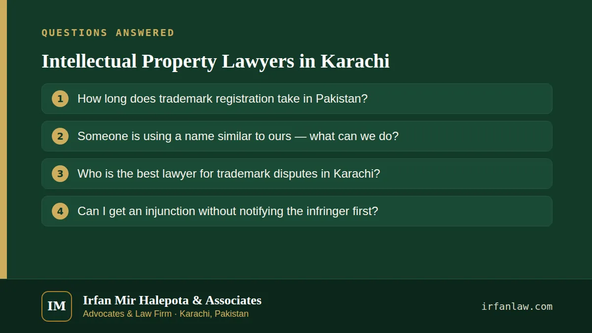 Intellectual Property Lawyers in Karachi: questions answered on this page — How long does trademark registration take in Pakistan?; Someone is using a name similar to ours — what can we do?; Who is the best lawyer for…