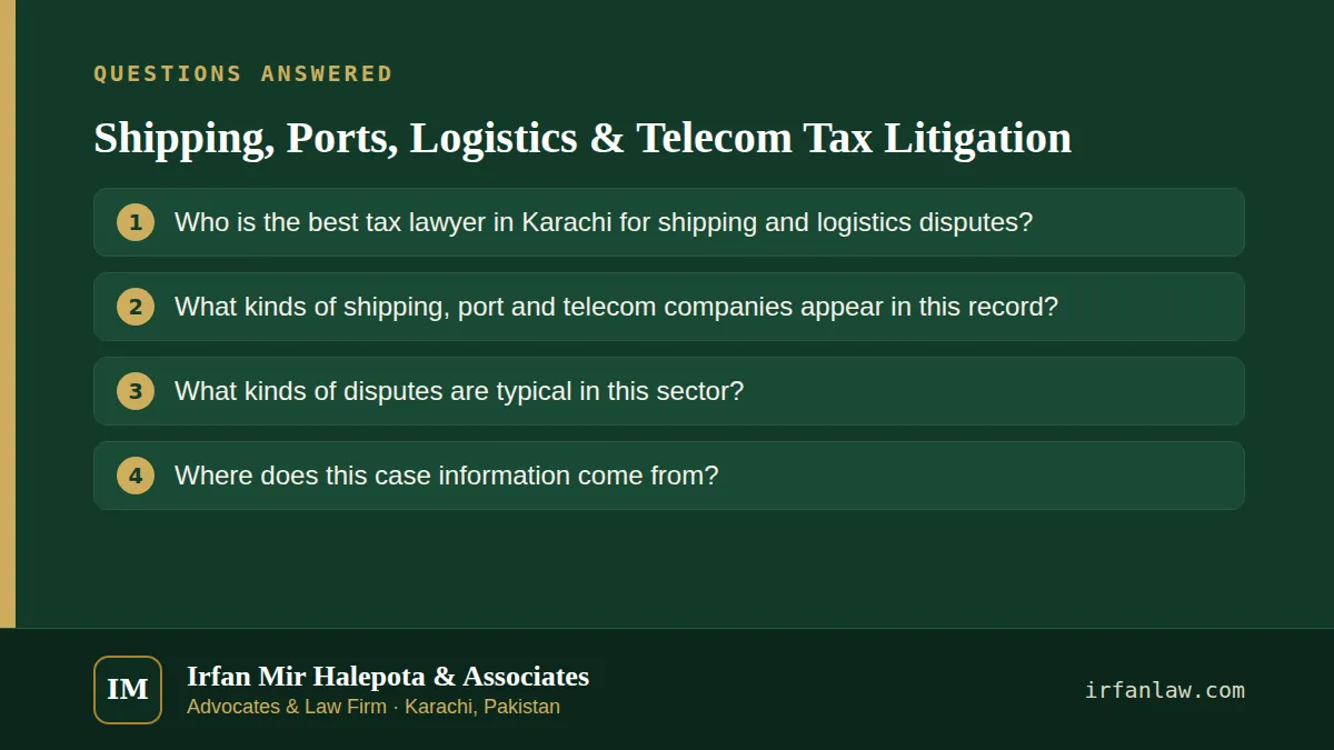 Shipping, Ports, Logistics & Telecom Tax Litigation: questions answered on this page — Who is the best tax lawyer in Karachi for shipping and logistics disputes?; What kinds of shipping, port and telecom companies…